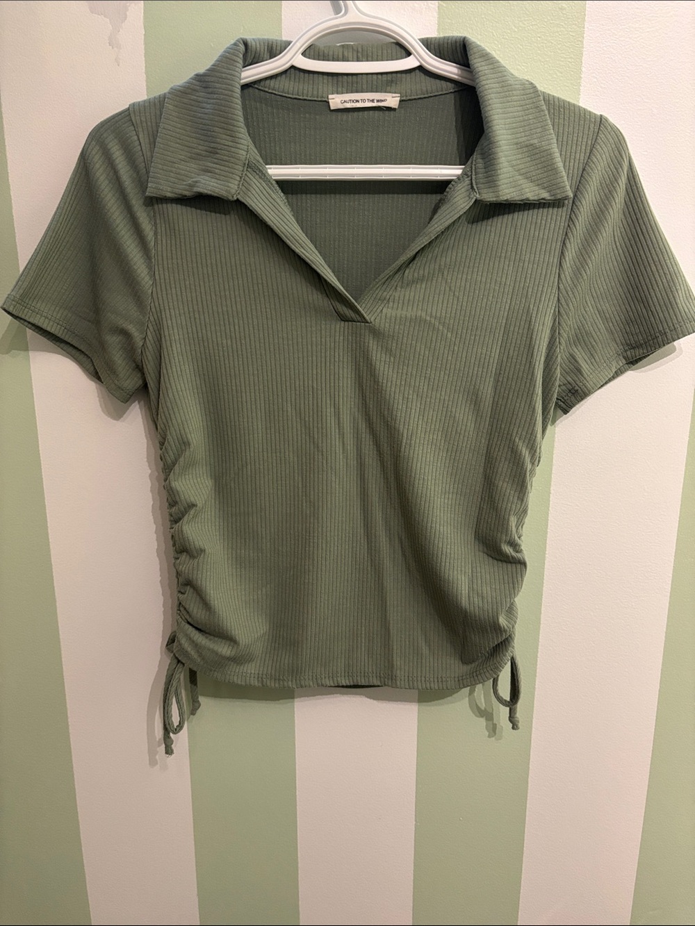Caution To The Wind Olive Green Ribbed Collared Crop Top with Side Ties